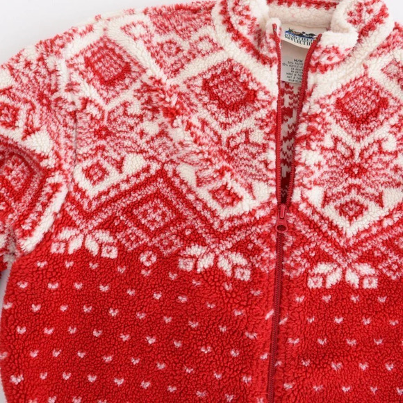 Vintage Norther Reflections Red & Cream Winter Design Fleece Zip Up Sweater Med - Picture 11 of 13